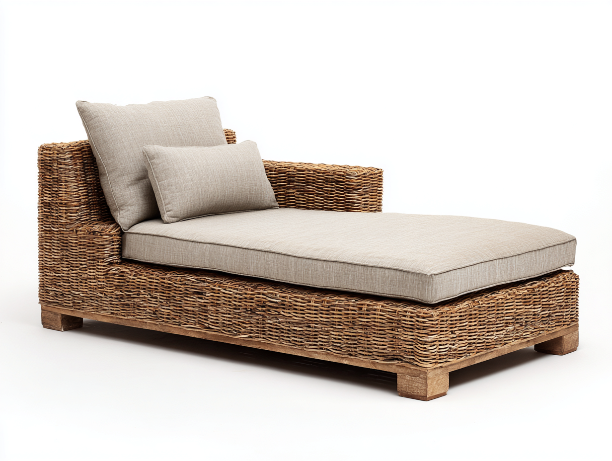 Lettino prendisole - rattan - 194x83x76 cm - marrone naturale-beige - design squadrato con braccioli-Jativonest