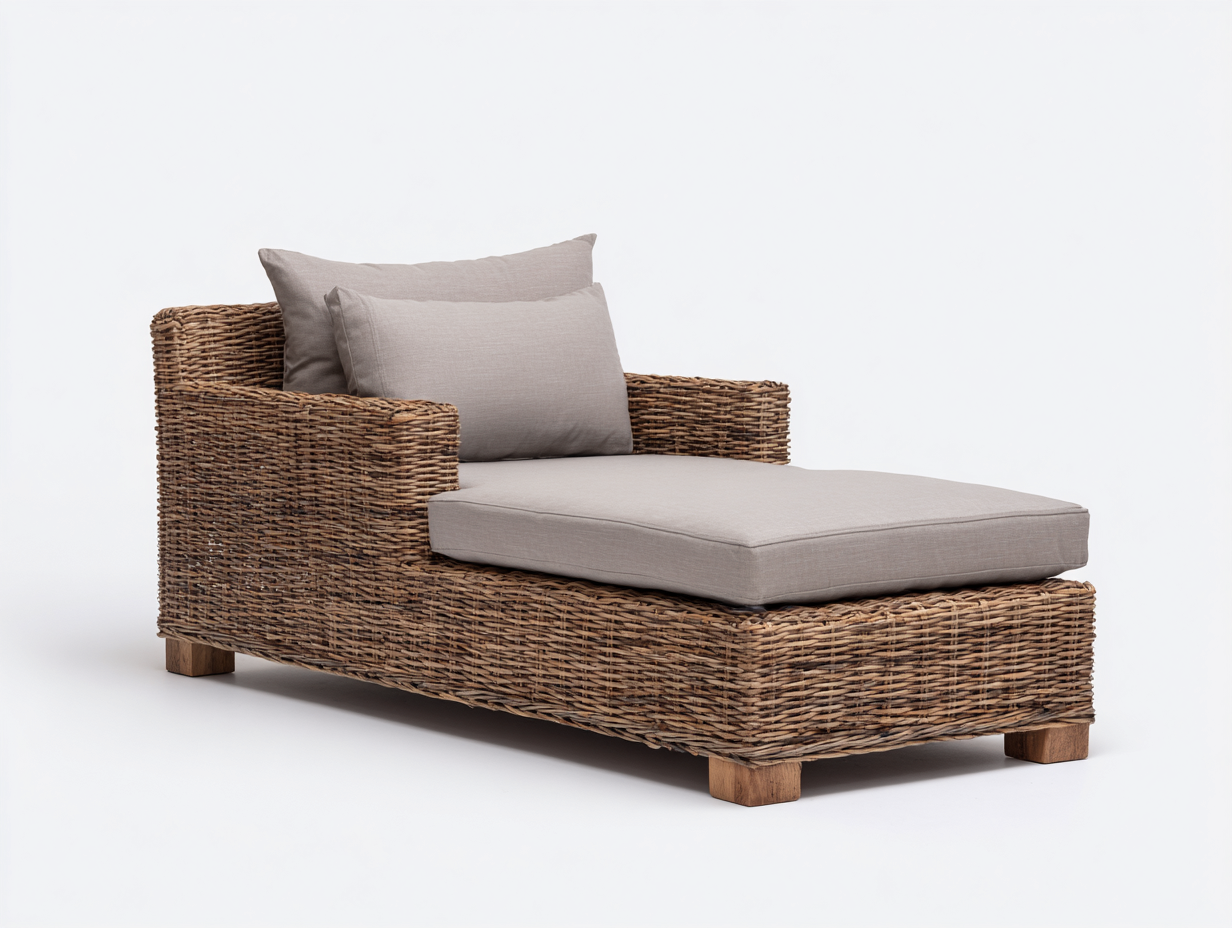 Lettino prendisole - rattan - 190x80x74 cm - marrone naturale-tortora - design compatto con braccioli-Jativonest