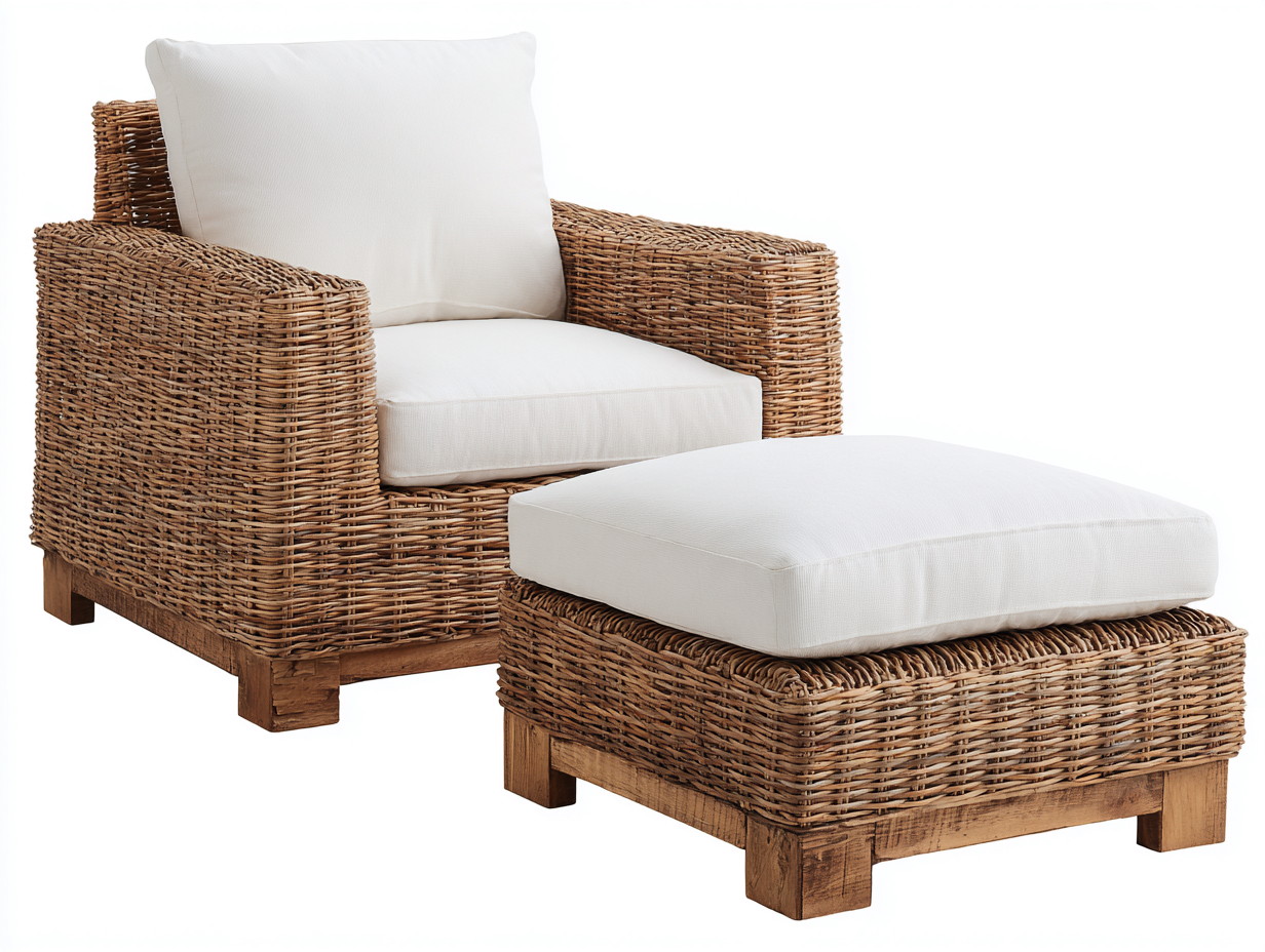 Poltrona da giardino - rattan-legno-tessuto - 85x82x74 cm - marrone naturale-bianco crema - boho naturale-Kacorvidecor