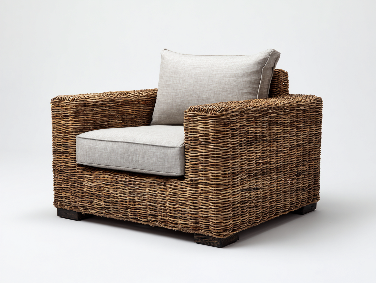 Poltrona da giardino-Rattan-Tessuto-Legno-103x96x78 cm-Marrone naturale-Grigio chiaro-Rustico-Kacorvidecor