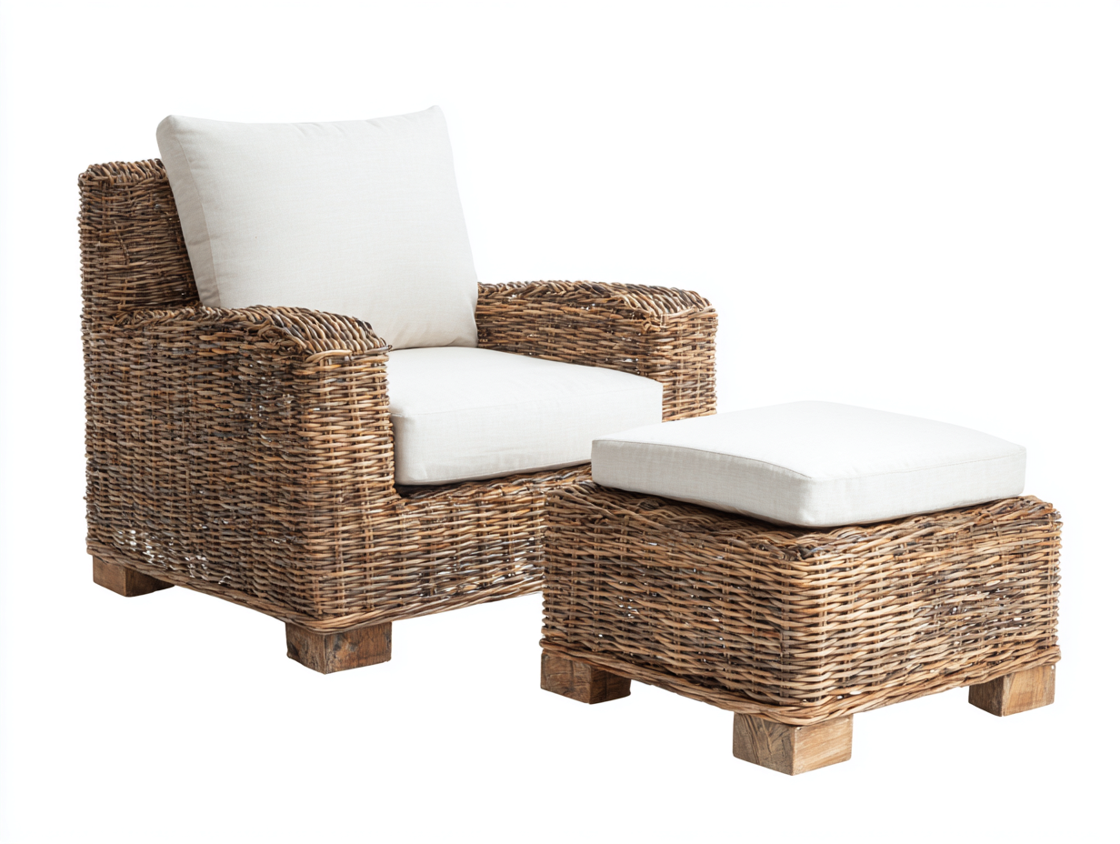 Poltrona da giardino - rattan-legno-tessuto - 84x80x73 cm - marrone naturale-bianco crema - boho naturale-Kacorvidecor