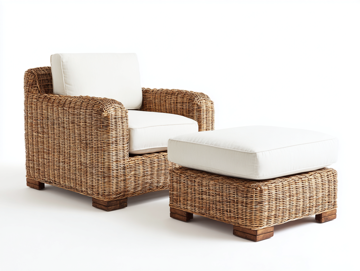 Poltrona da giardino - rattan-legno-tessuto - 84x80x73 cm - marrone naturale-bianco crema - boho naturale-Kacorvidecor