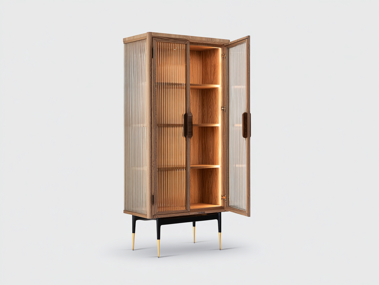 Vitrine - Bois - Verre cannelé - Métal - 95x43x168 cm - Bois brun-Transparent-Noir-Laiton - Industriel-Ronorlohaus