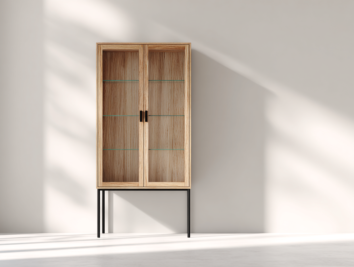 Vitrine - Bois - Verre - Métal - 100x42x145 cm - Bois naturel-Transparent-Noir - Moderne-Ronorlohaus