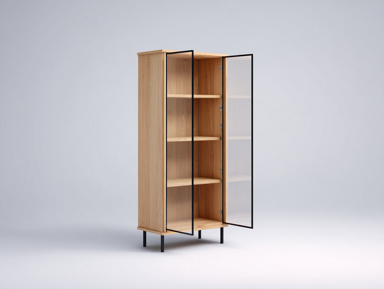 Vitrine - Bois - Verre - Métal - 82x40x155 cm - Chêne clair-Transparent-Noir - Minimaliste-Ronorlohaus