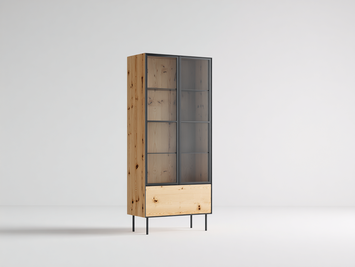 Vitrine - Bois - Verre - Métal - 90x42x150 cm - Bois naturel-Transparent-Noir - Contemporain-Ronorlohaus