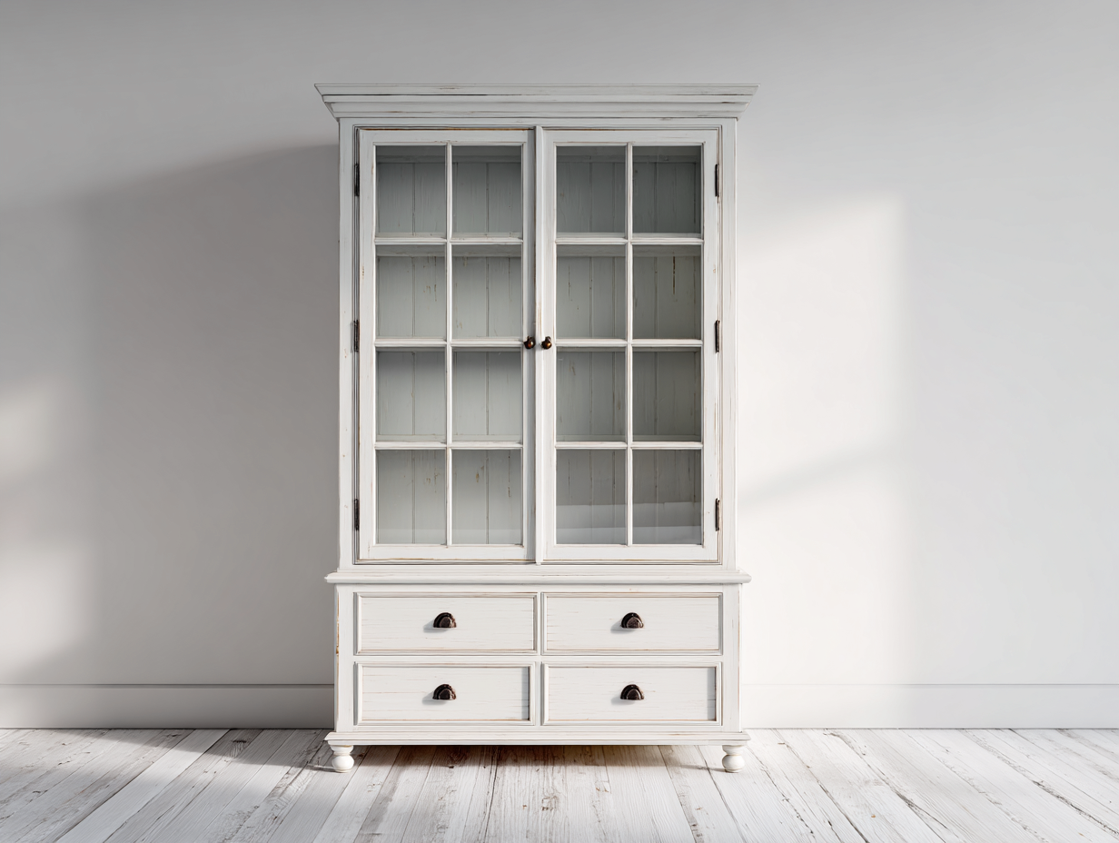Vitrine - Bois - Verre - 120x45x190 cm - Blanc vieilli-Transparent - Campagne chic-Ronorlohaus