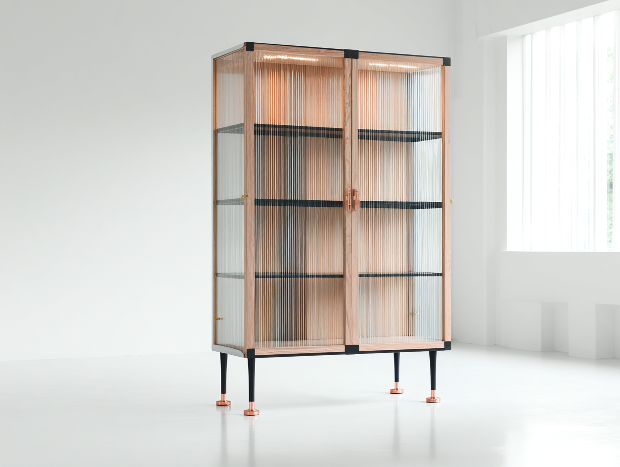 Vitrine - Bois - Verre cannelé - Métal - 115x43x165 cm - Bois clair-Transparent-Noir-Cuivre - Industriel-Ronorlohaus