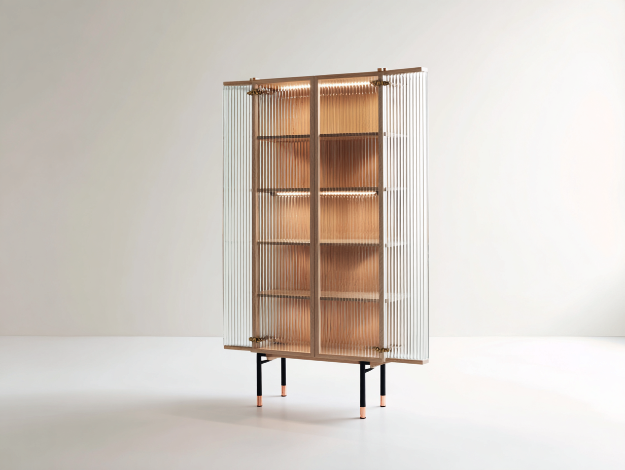 Vitrine - Bois - Verre cannelé - Métal - 110x42x162 cm - Bois naturel-Transparent-Noir-Laiton - Moderne-Ronorlohaus