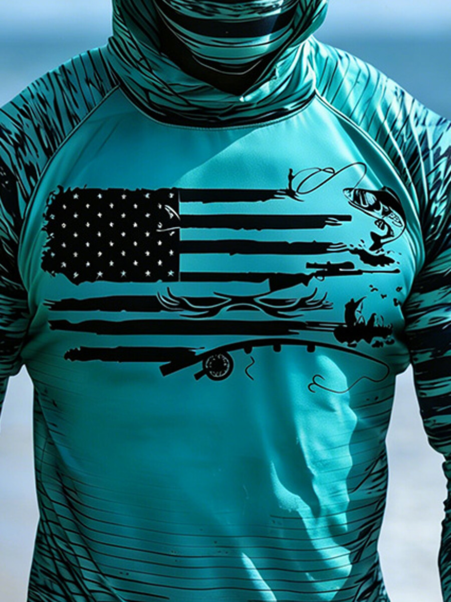 Men's Raglan Sleeve Finger Gloves Face Mask Fishing Print Sun Protection Clothing-SunSeaUp