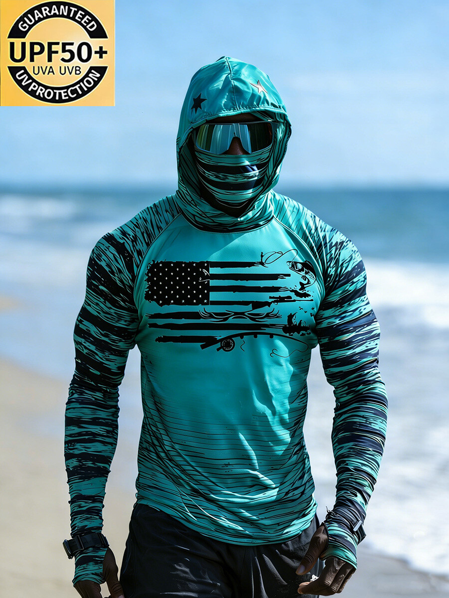 Men's Raglan Sleeve Finger Gloves Face Mask Fishing Print Sun Protection Clothing-SunSeaUp