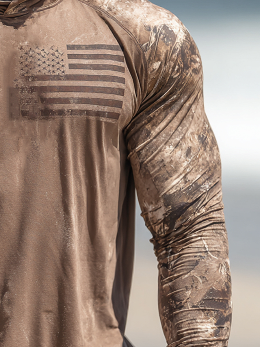Men's Raglan Sleeve Finger Gloves Face Mask Flag Camo Print Sun Protection Hoodie-SunSeaUp