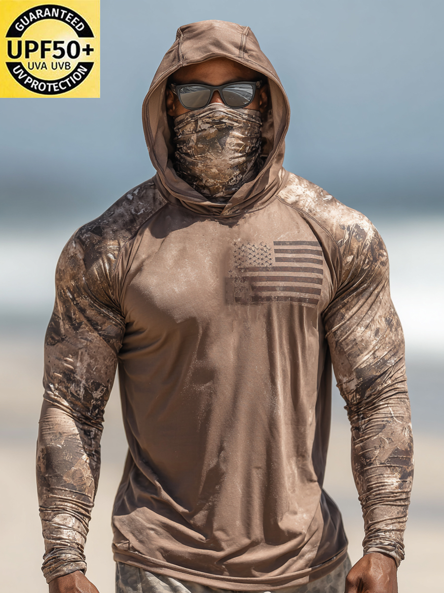 Men's Raglan Sleeve Finger Gloves Face Mask Flag Camo Print Sun Protection Hoodie-SunSeaUp