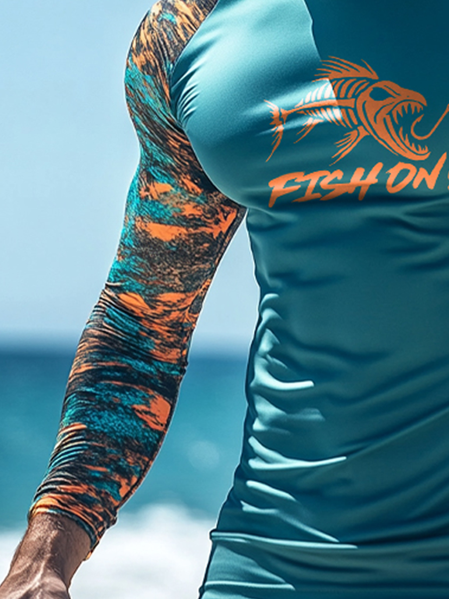 Men's Raglan Sleeve Finger Gloves Face Mask Fish Skeleton FISH ON Camo Print Sun Protection Hoodie-SunSeaUp