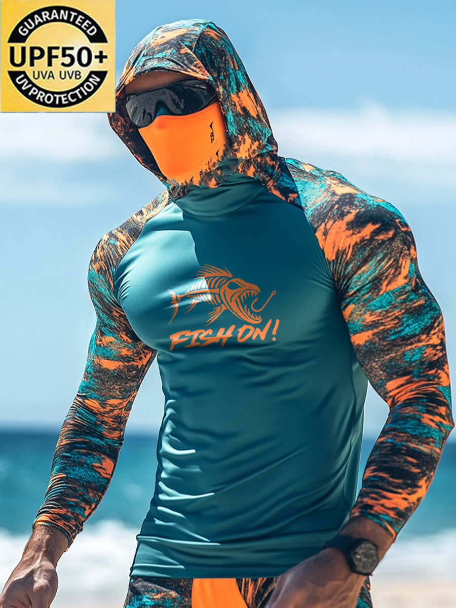 Men's Raglan Sleeve Finger Gloves Face Mask Fish Skeleton FISH ON Camo Print Sun Protection Hoodie-SunSeaUp