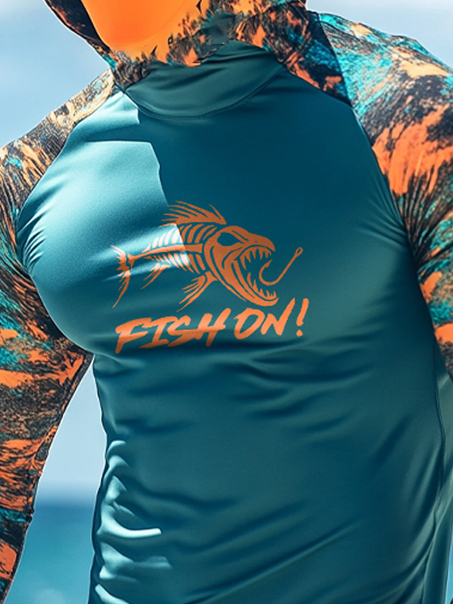 Men's Raglan Sleeve Finger Gloves Face Mask Fish Skeleton FISH ON Camo Print Sun Protection Hoodie-SunSeaUp