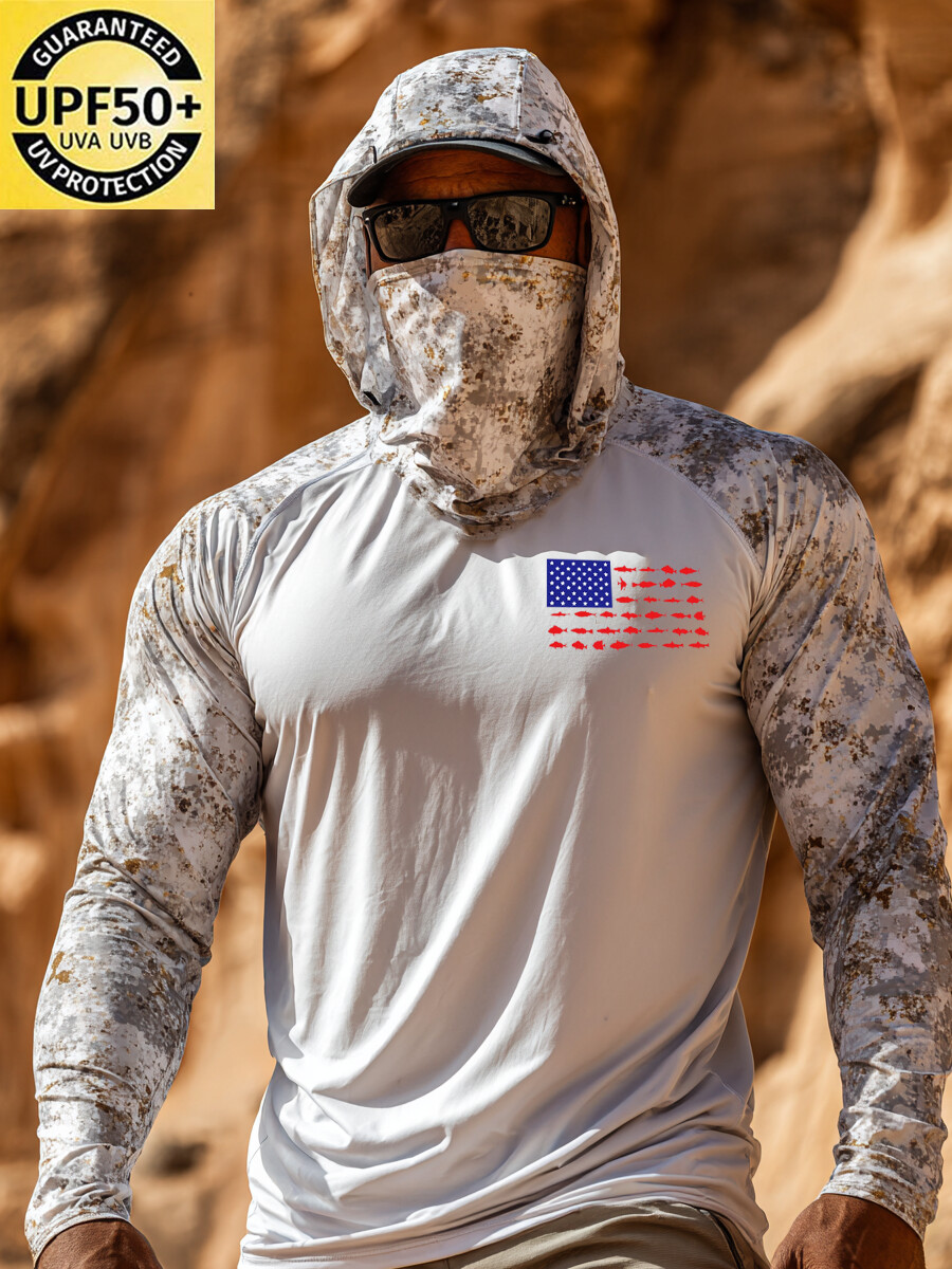 Men'S UPF 50+ Hoodie With Built-In Mask -Raglan Camouflage National Flag Pattern- Quick-Dry Performance Sun Hoodie-SunSeaUp