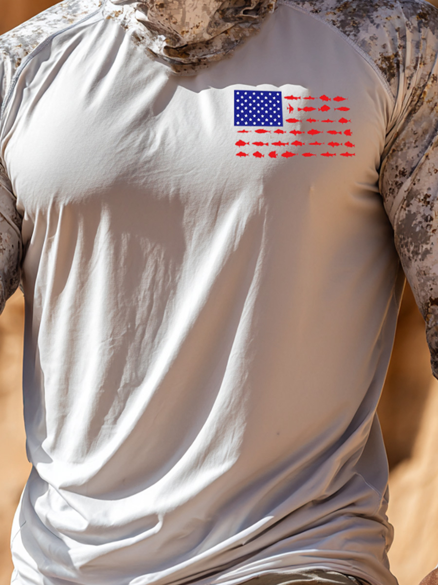 Men'S UPF 50+ Hoodie With Built-In Mask -Raglan Camouflage National Flag Pattern- Quick-Dry Performance Sun Hoodie-SunSeaUp