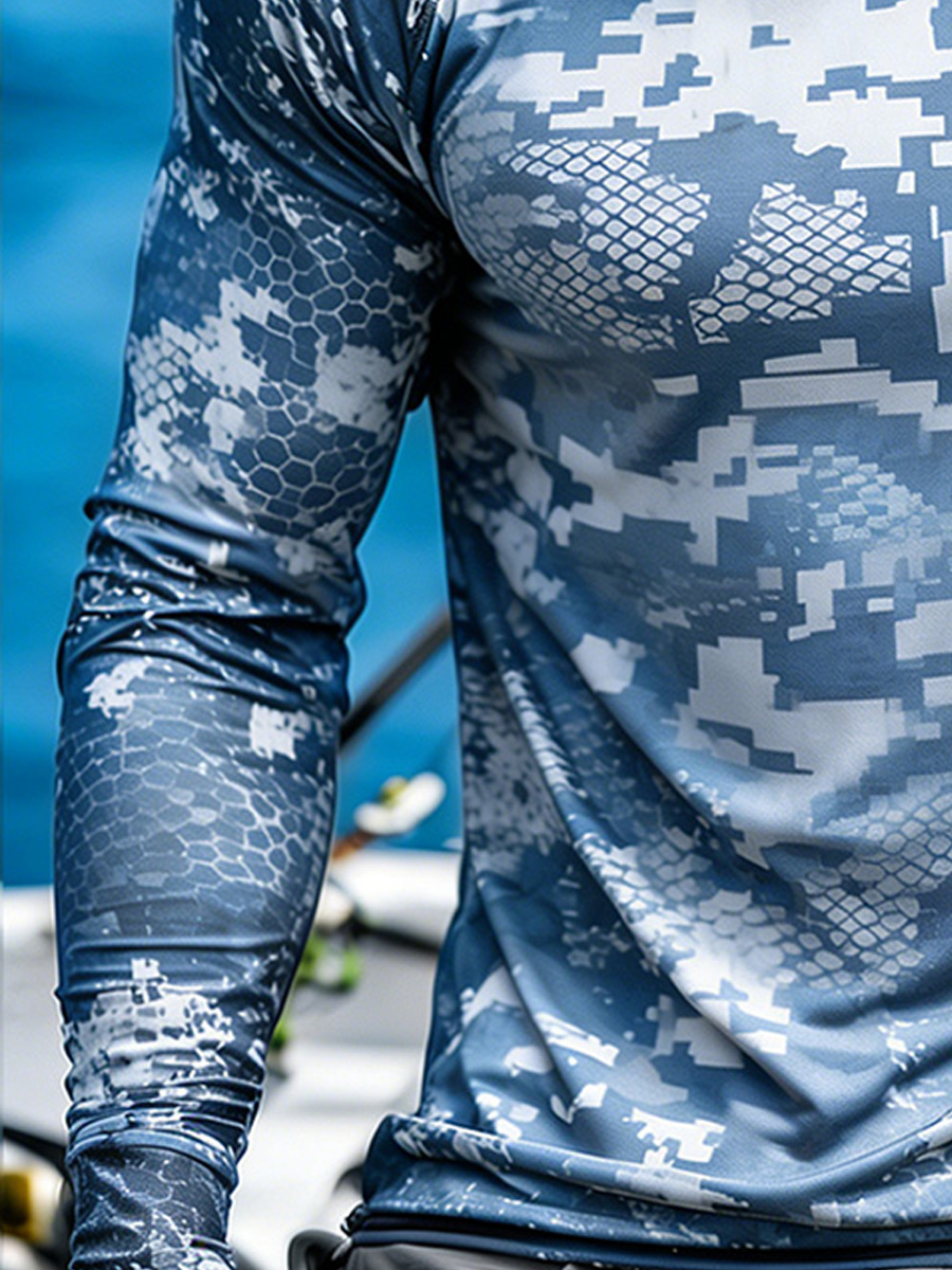 Men'S UPF 50+ Fishing Hoodie With Built-In Mask -Lure Fishing In Blue And White Camouflage- Quick-Dry Performance Sun Hoodie-SunSeaUp