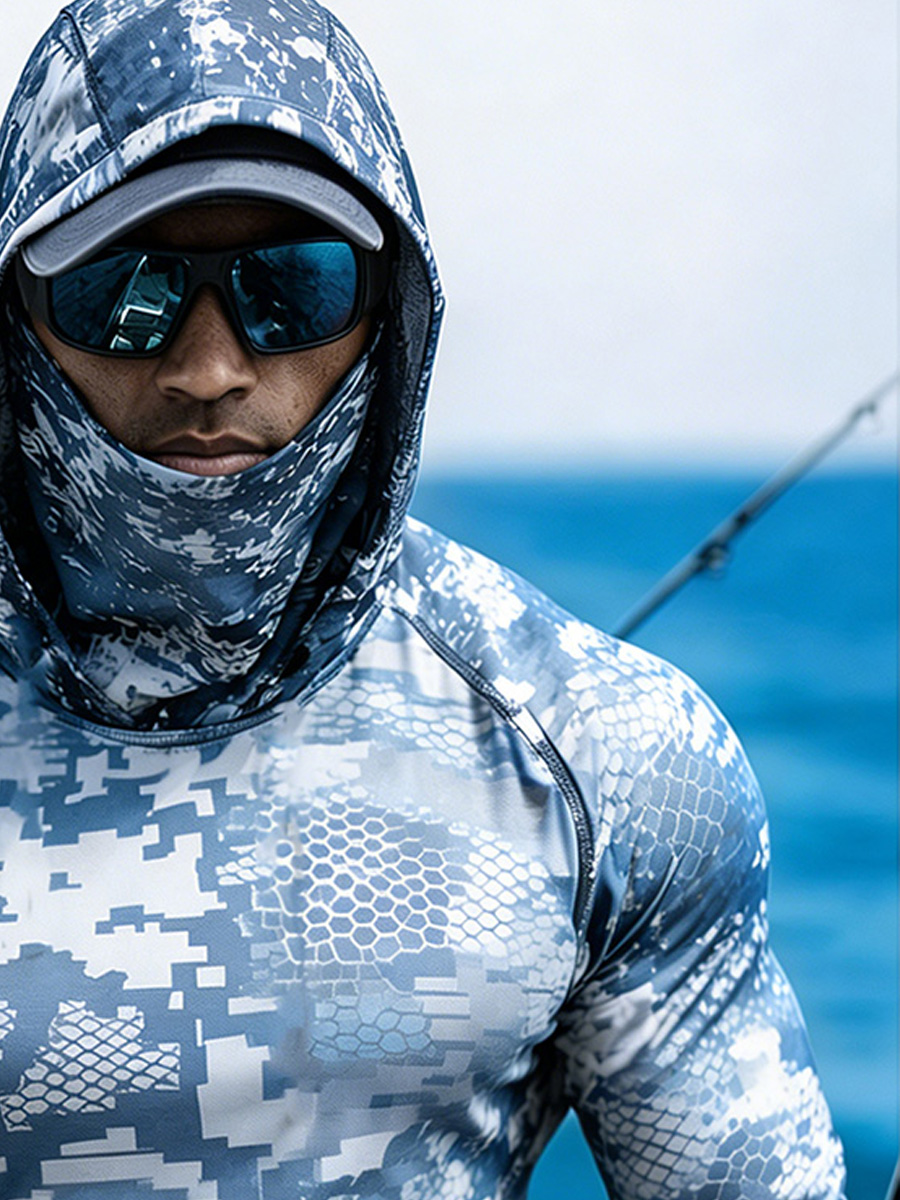 Men'S UPF 50+ Fishing Hoodie With Built-In Mask -Lure Fishing In Blue And White Camouflage- Quick-Dry Performance Sun Hoodie-SunSeaUp