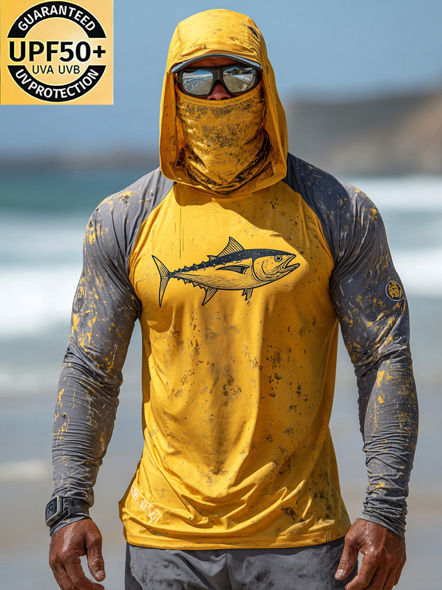 Men'S UPF 50+ Fishing Hoodie With Built-In Mask -Yellow Background With Gray Tuna Pattern- Quick-Dry Performance Sun Hoodie-SunSeaUp