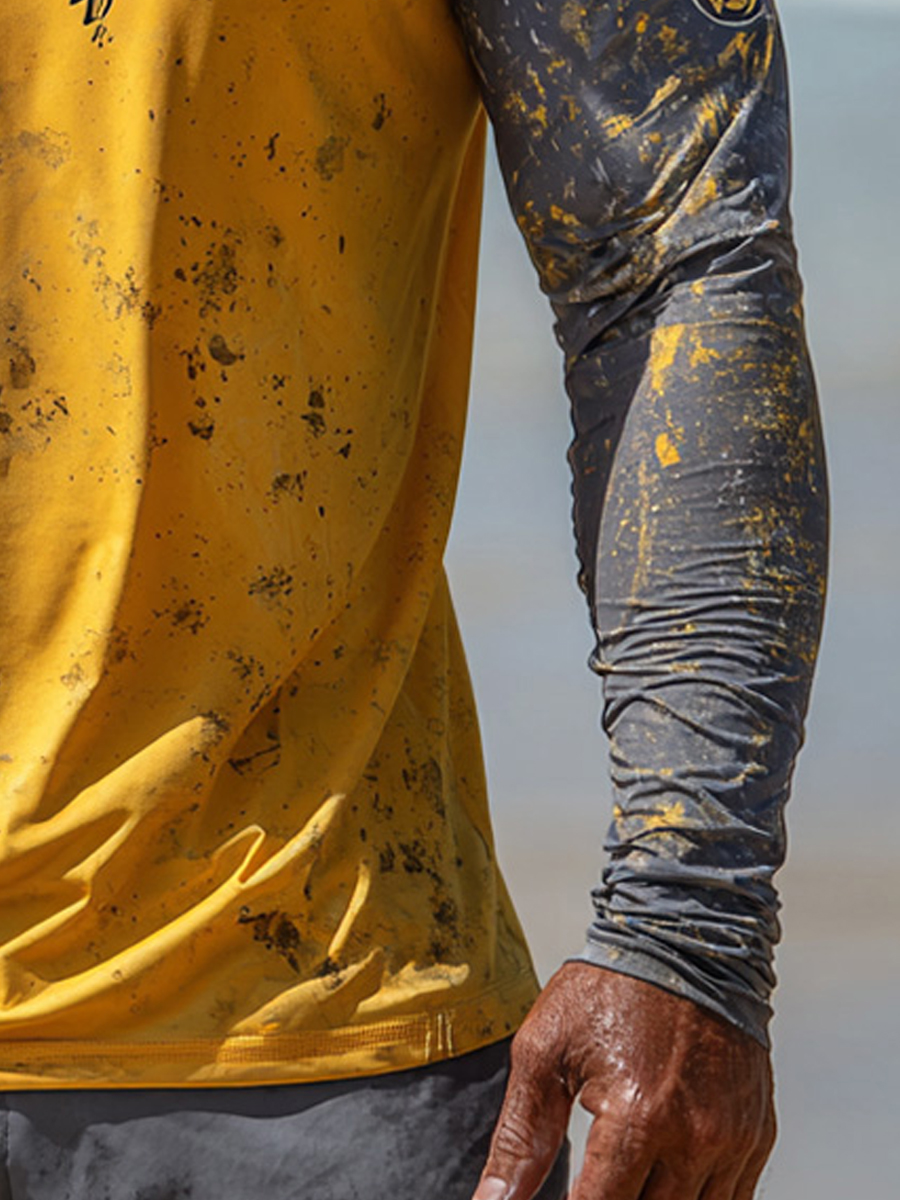 Men'S UPF 50+ Fishing Hoodie With Built-In Mask -Yellow Background With Gray Tuna Pattern- Quick-Dry Performance Sun Hoodie-SunSeaUp