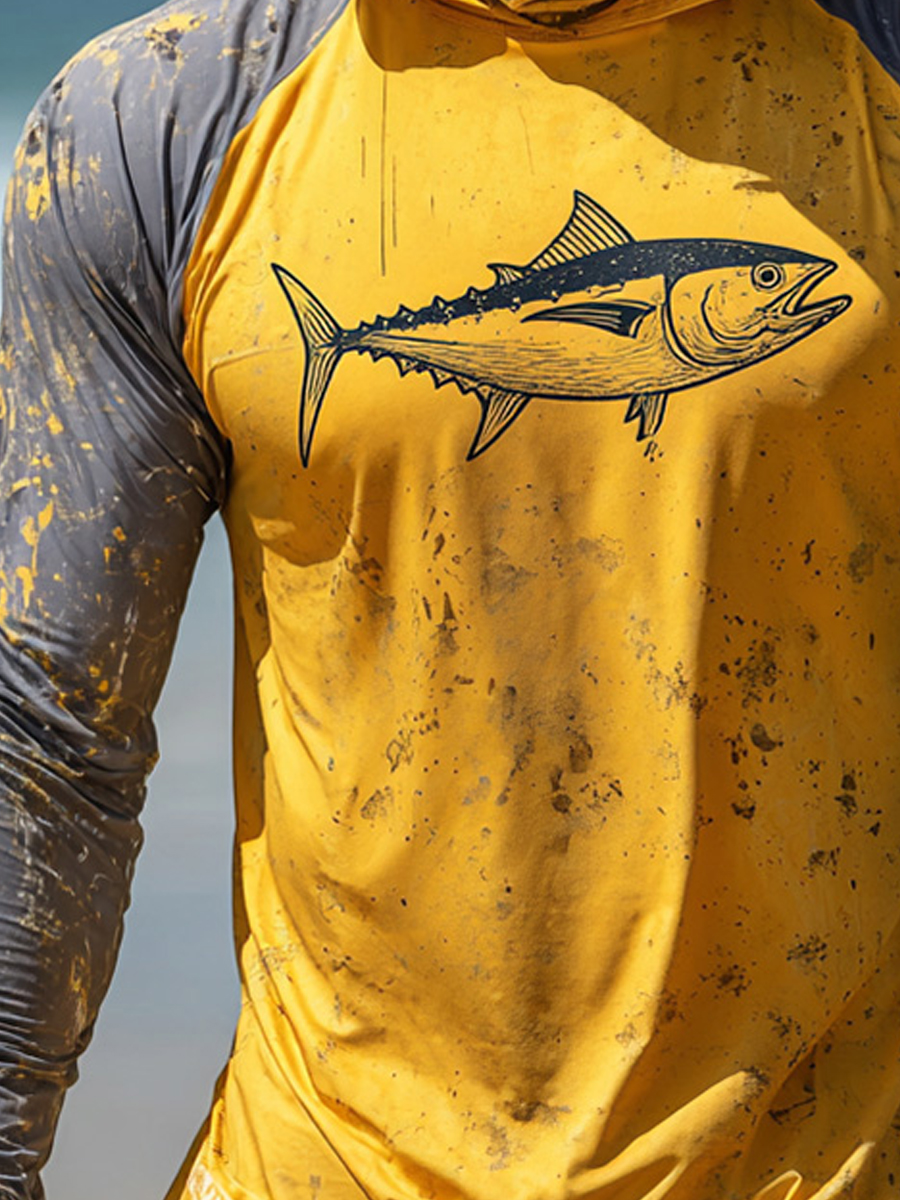 Men'S UPF 50+ Fishing Hoodie With Built-In Mask -Yellow Background With Gray Tuna Pattern- Quick-Dry Performance Sun Hoodie-SunSeaUp