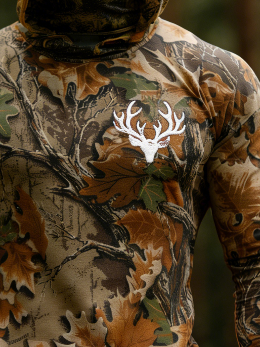 Men'S UPF 50+ Hoodie With Built-In Mask-Hunting Maple Leaf Camouflage Deer Antler Pattern- Quick-Dry Performance Sun Hoodie-SunSeaUp