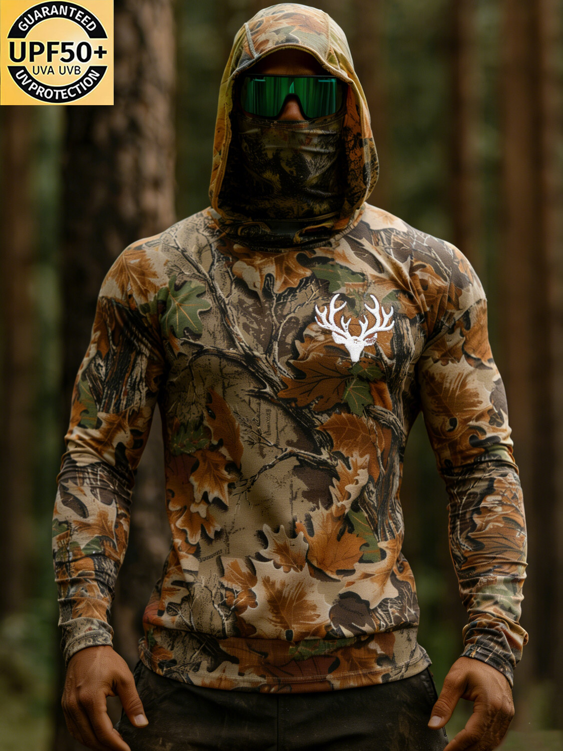 Men'S UPF 50+ Hoodie With Built-In Mask-Hunting Maple Leaf Camouflage Deer Antler Pattern- Quick-Dry Performance Sun Hoodie-SunSeaUp