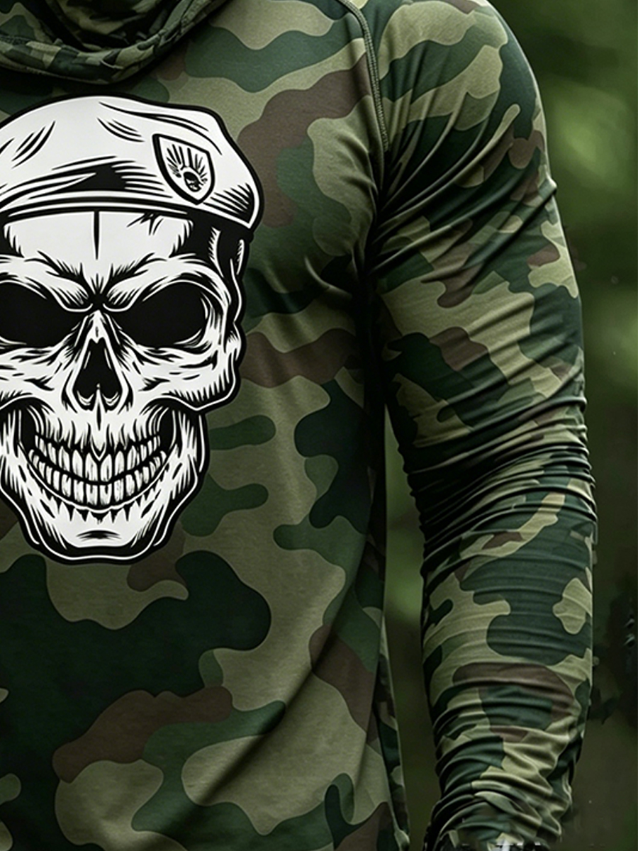 Men's Camouflage Sun Protection Hoodie, UPF50+ UV Protection, Built-in Face Mask, Skull Print, Quick-Drying and Breathable Outdoor Sun Protection Clothing-SunSeaUp