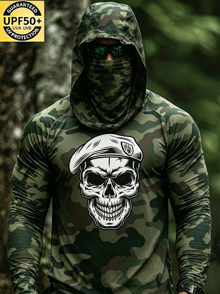 Men's Camouflage Sun Protection Hoodie, UPF50+ UV Protection, Built-in Face Mask, Skull Print, Quick-Drying and Breathable Outdoor Sun Protection Clothing-SunSeaUp