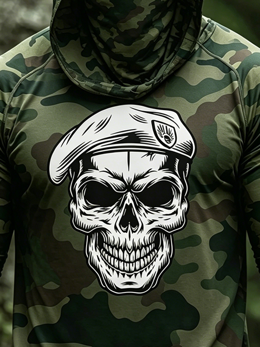 Men's Camouflage Sun Protection Hoodie, UPF50+ UV Protection, Built-in Face Mask, Skull Print, Quick-Drying and Breathable Outdoor Sun Protection Clothing-SunSeaUp