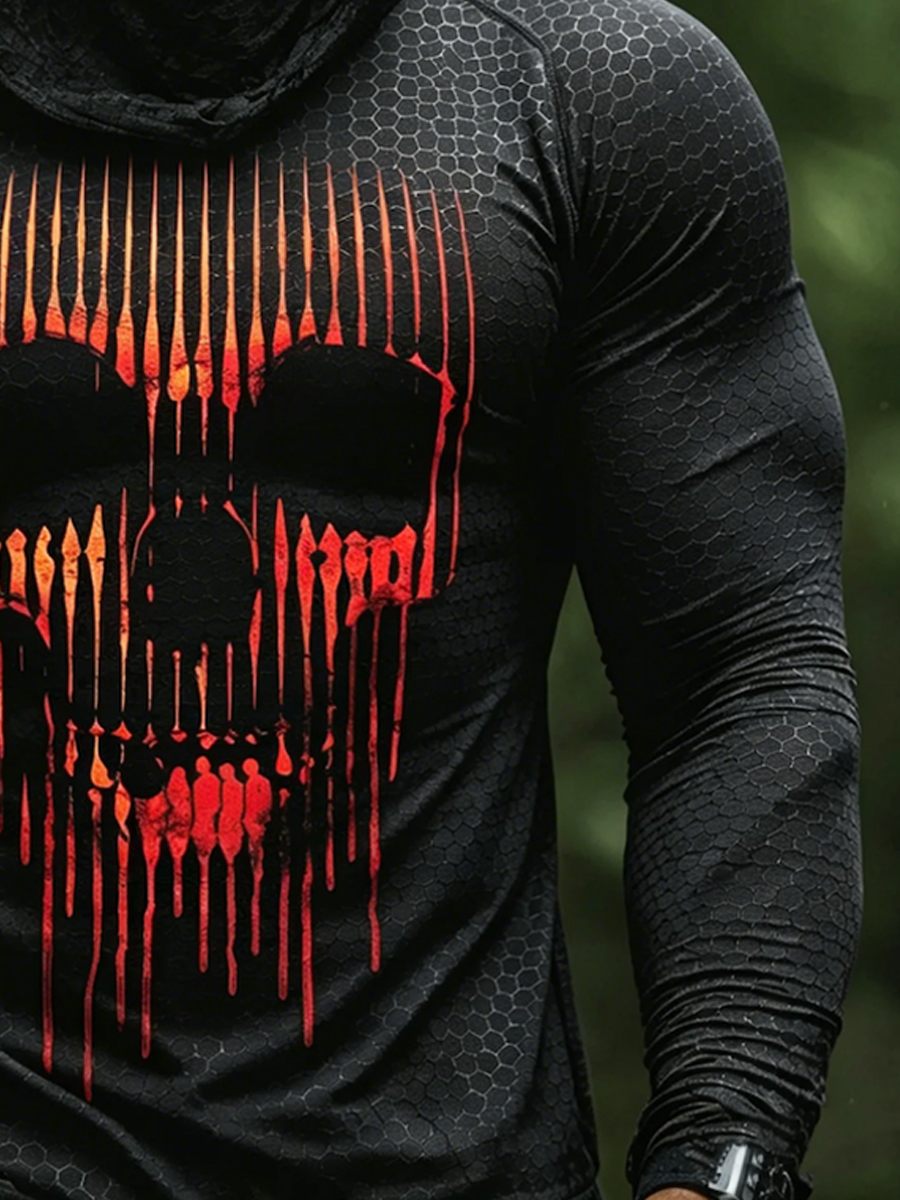 Men's UPF 50+ Sun Protection Hoodie with Built-in Face Mask - Black Bee Print with Red Flame Skull Print - Quick-Drying High-Performance Sun Protection Hoodie-SunSeaUp