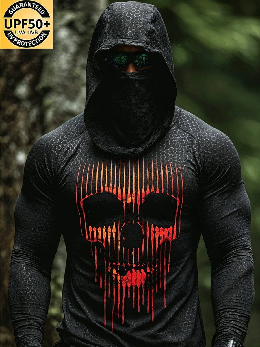 Men's UPF 50+ Sun Protection Hoodie with Built-in Face Mask - Black Bee Print with Red Flame Skull Print - Quick-Drying High-Performance Sun Protection Hoodie-SunSeaUp