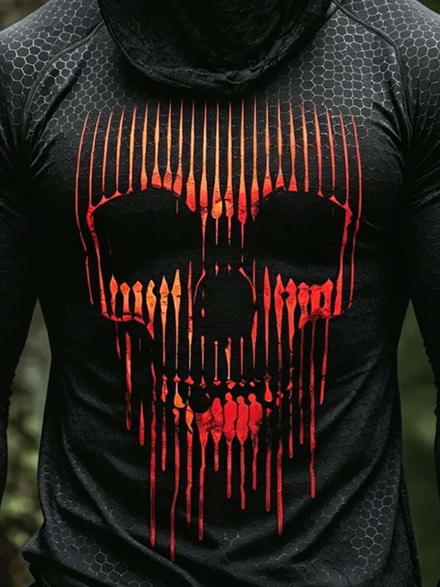 Men's UPF 50+ Sun Protection Hoodie with Built-in Face Mask - Black Bee Print with Red Flame Skull Print - Quick-Drying High-Performance Sun Protection Hoodie-SunSeaUp