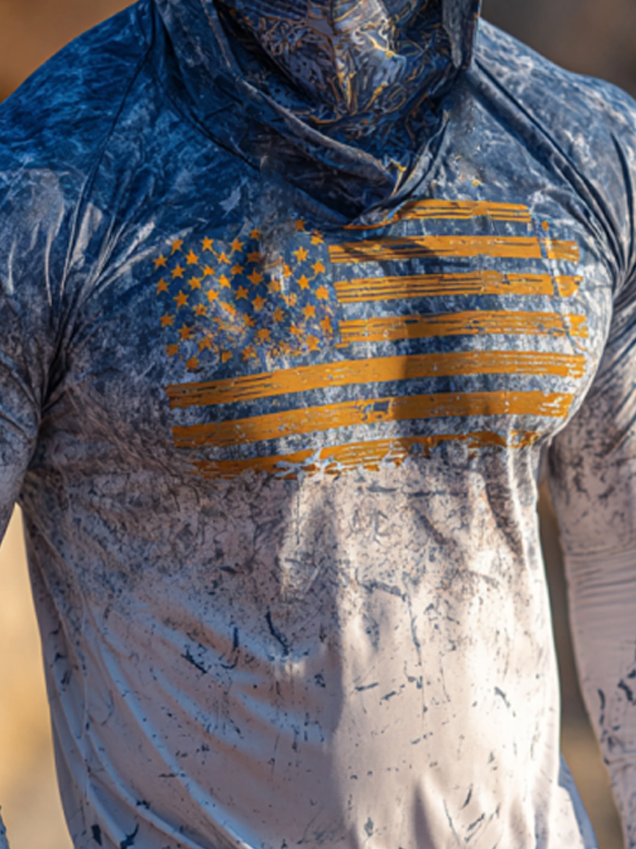 Men's Raglan Sleeve Finger Gloves Face Mask American Flag Gradient Print Sun Protection Hoodie-SunSeaUp