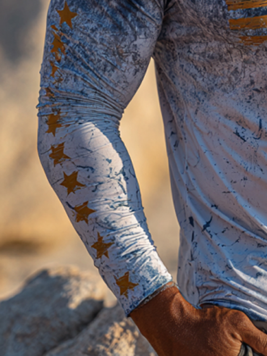 Men's Raglan Sleeve Finger Gloves Face Mask American Flag Gradient Print Sun Protection Hoodie-SunSeaUp