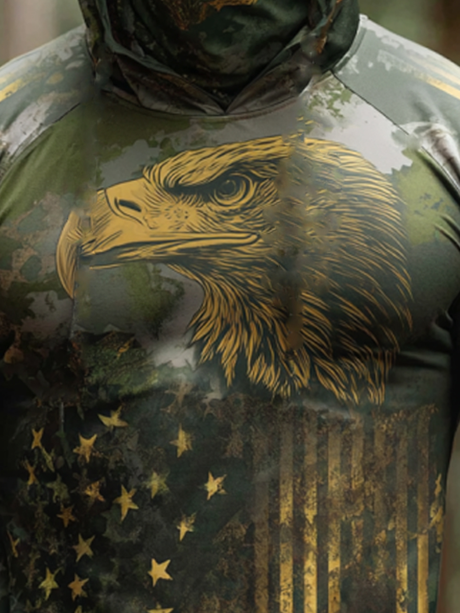 Men's Raglan Sleeve Finger Gloves Face Mask Eagle Camouflage Print Sun Protection Hoodie-SunSeaUp
