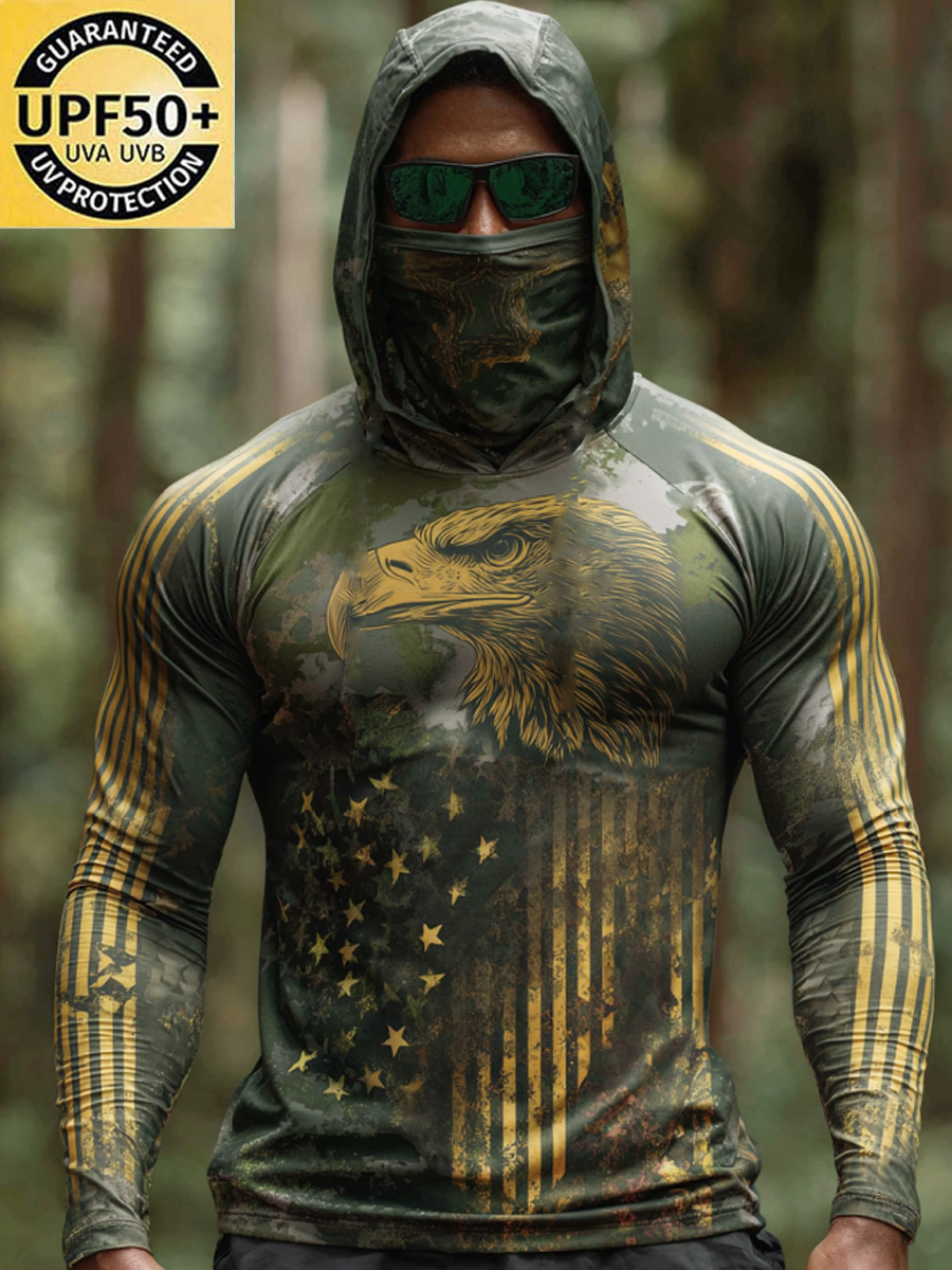 Men's Raglan Sleeve Finger Gloves Face Mask Eagle Camouflage Print Sun Protection Hoodie-SunSeaUp