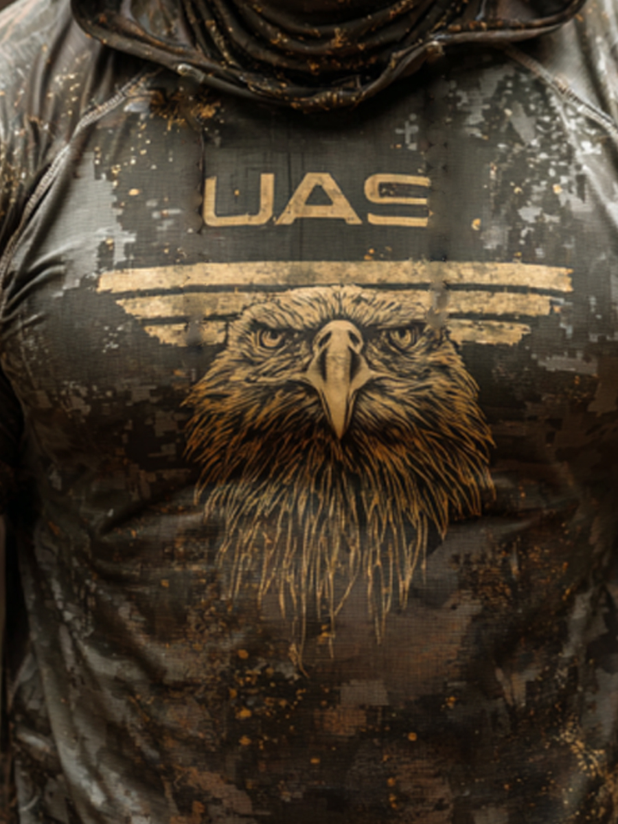 Men'S Raglan Sleeve Finger Gloves Face Mask Forest Camouflage Eagle Print Sun Protection Hoodie-SunSeaUp