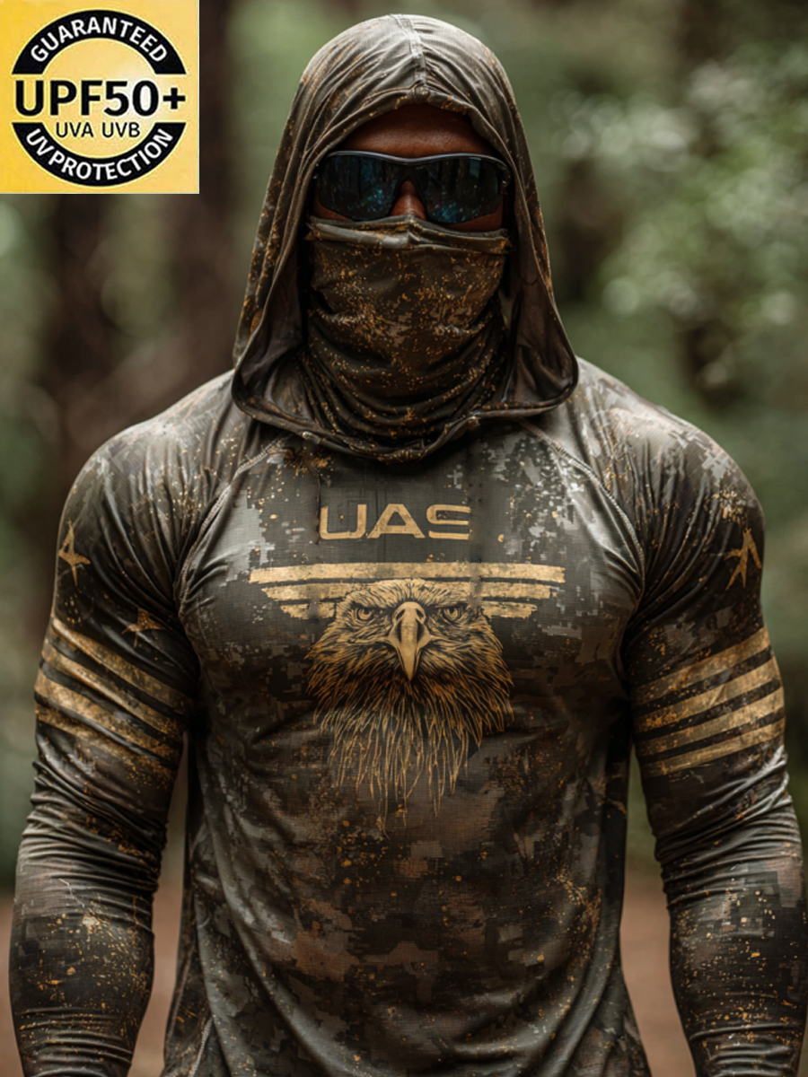 Men'S Raglan Sleeve Finger Gloves Face Mask Forest Camouflage Eagle Print Sun Protection Hoodie-SunSeaUp