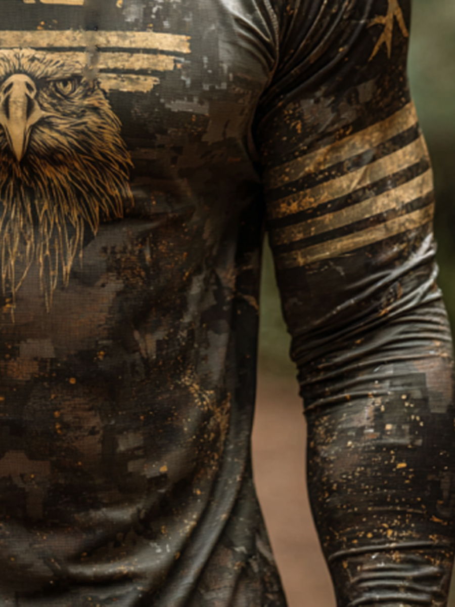 Men'S Raglan Sleeve Finger Gloves Face Mask Forest Camouflage Eagle Print Sun Protection Hoodie-SunSeaUp