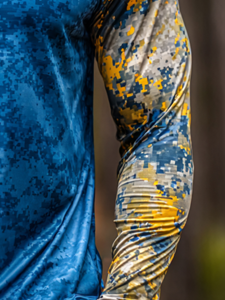Men's Outdoor Sun Protection Breathable Cool Mask Blue Yellow Digital Camo Print Hooded Sun Protection Long Sleeve Top-SunSeaUp