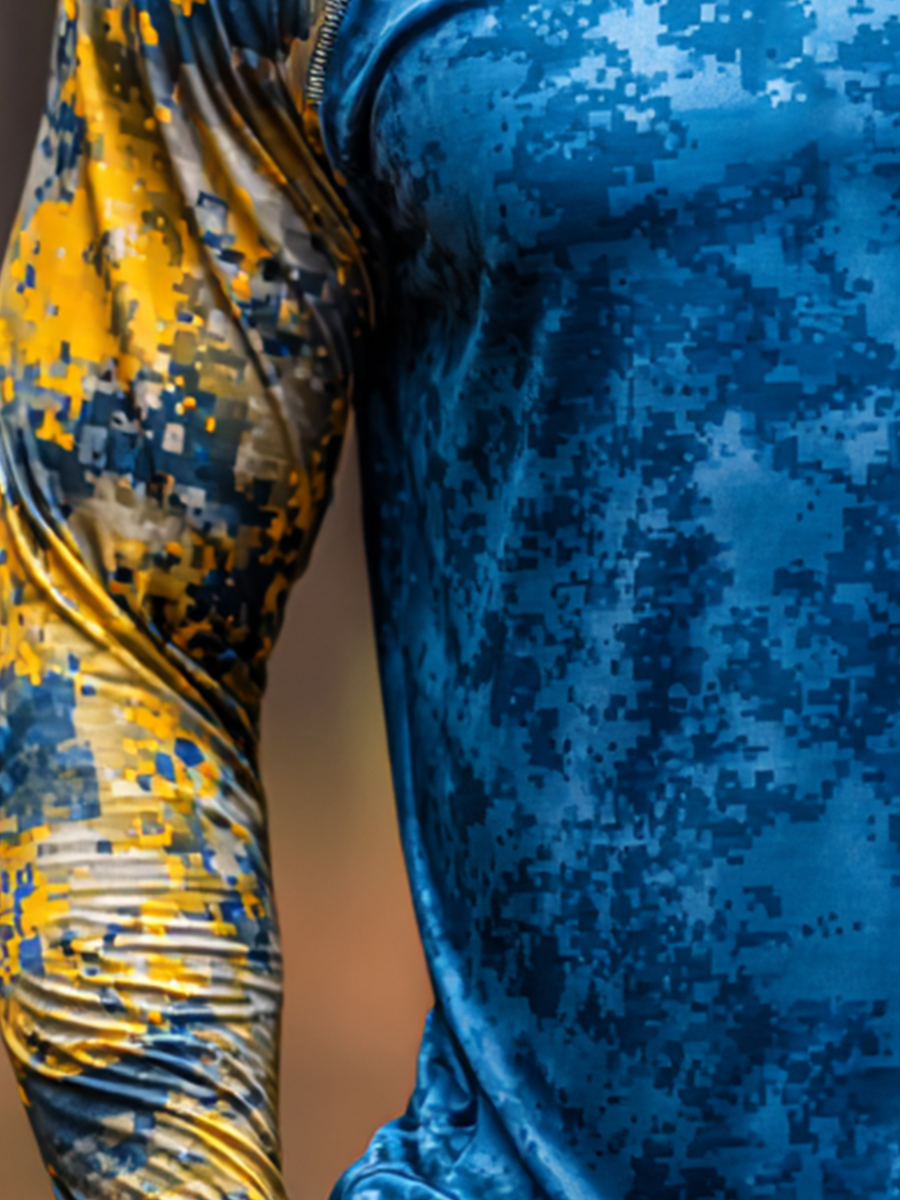 Men's Outdoor Sun Protection Breathable Cool Mask Blue Yellow Digital Camo Print Hooded Sun Protection Long Sleeve Top-SunSeaUp
