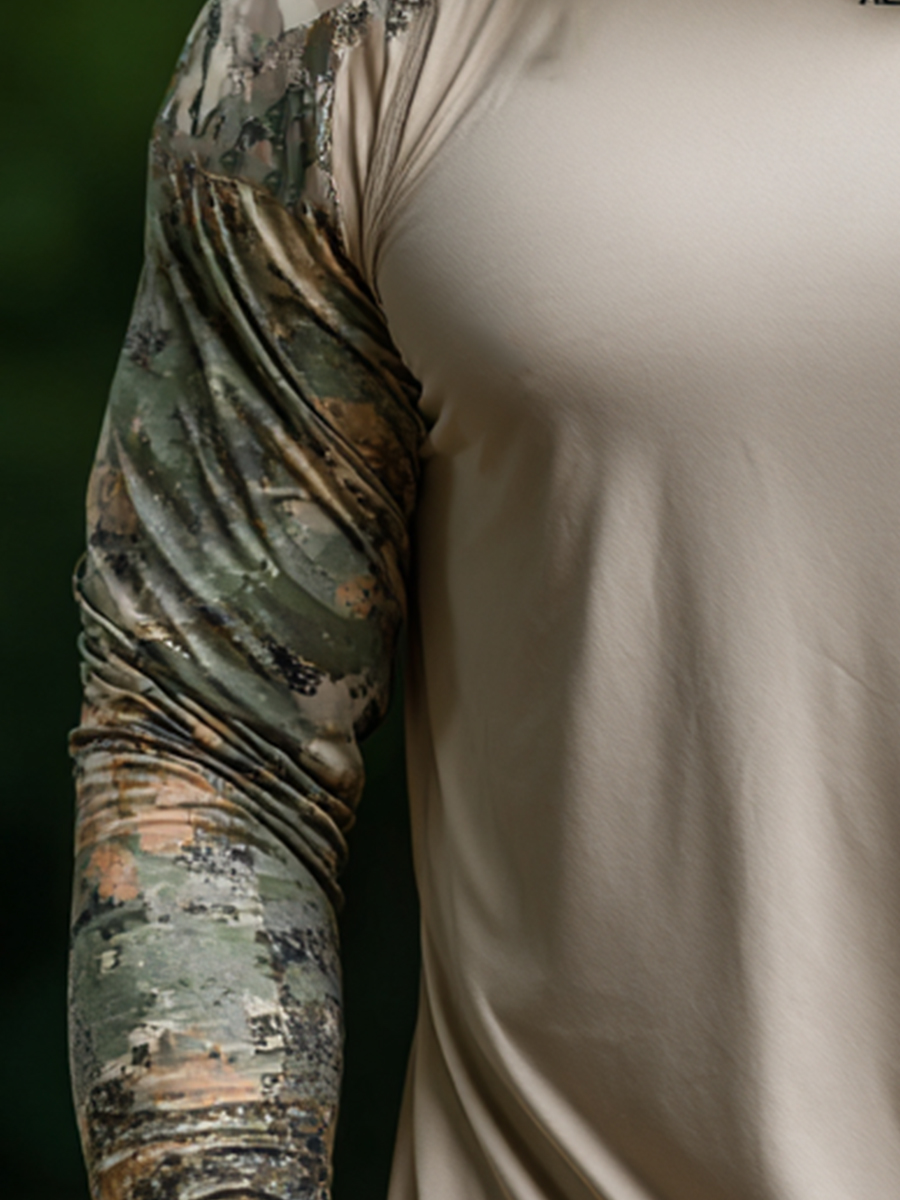 Men's Outdoor Sun Protection Breathable Cool Mask Beige with Camo Sleeve & Pine Tree Logo Hooded Sun Protection Long Sleeve Top-SunSeaUp