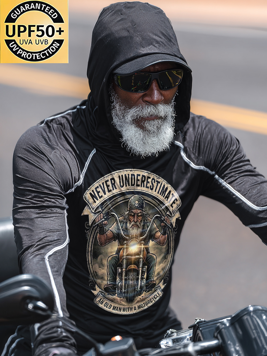 "Never Underestimate An Old Man With A Motorcycle" Print Sun Protection Hoodie-SunSeaUp