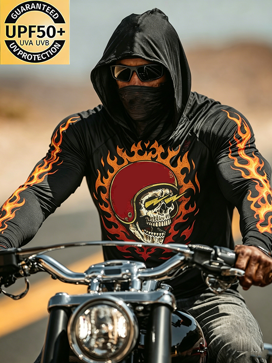 Men's Biker Skull Graphic Print Sun Protection Hooded Long Sleeve-SunSeaUp