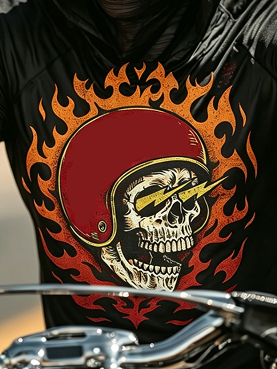 Men's Biker Skull Graphic Print Sun Protection Hooded Long Sleeve-SunSeaUp