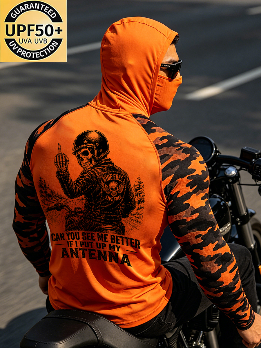 "Ride Free Live Free" Biker Skull Graphic Sun Protection Cycling Hooded Long Sleeve-SunSeaUp