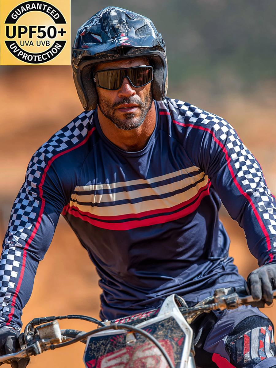 Men's Cool Breathable Navy Checkerboard Motocross Jersey-SunSeaUp